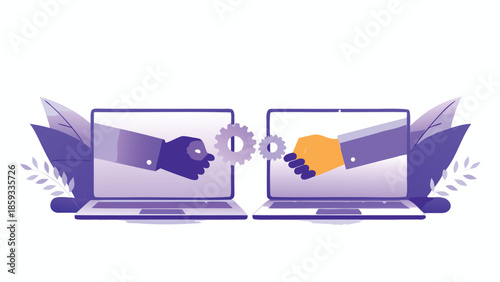 Conceptual illustration of teamwork and partnership with hands shaking through laptop screens exchanging gears symbolizing collaboration