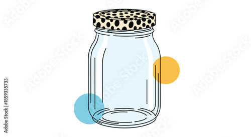 Empty clear glass jar with a distinctive black and white polka dot lid is depicted against a background with simple color accents.
