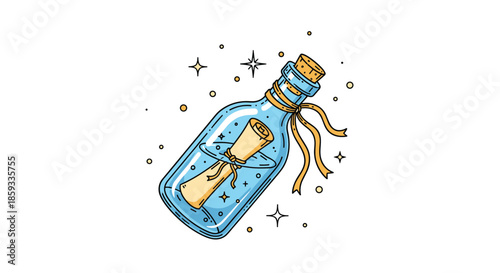 Romantic message in a glass bottle features a rolled scroll tied with a ribbon and floating amidst magical stars and sparkles.