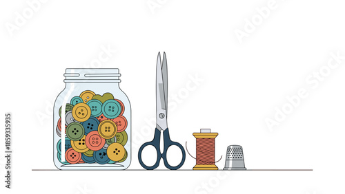 Essential sewing kit items featuring a glass jar filled with colorful buttons, sharp scissors, a spool of thread, and a thimble, ready for crafting projects.