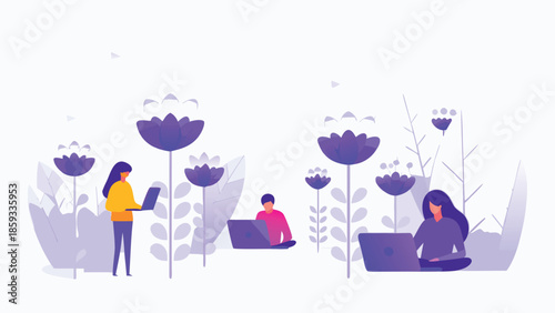 Dreamy abstract scene of collaboration where people work on laptops surrounded by large purple flowers and foliage in a serene natural setting