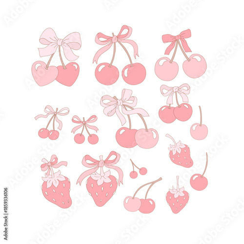 Pink Coquette Cherry Strawberry Bow Clipart Set, Retro Girly Valentine Day Illustration for Scrapbooking and Stickers