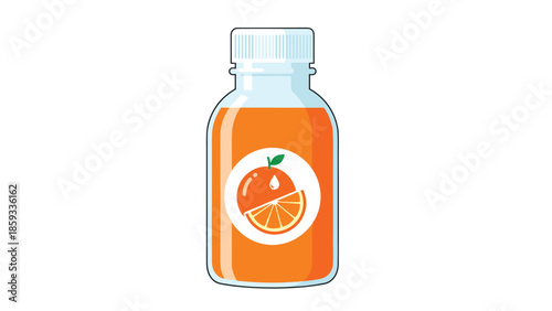 Refreshing orange juice in a clear plastic bottle, featuring a vibrant label with an orange slice and a juice drop, perfect for advertising healthy beverages.