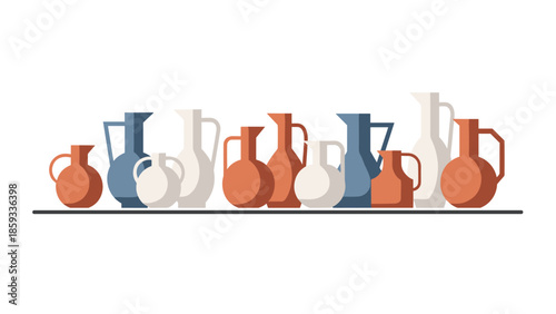 Harmonious arrangement of diverse ceramic jugs and vases in earthy and muted tones, showcasing a range of shapes and sizes for decorative purposes.
