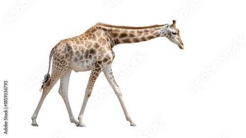 An elegant giraffe walks gracefully, showcasing its long neck and unique coat patterns on a transparent background.
