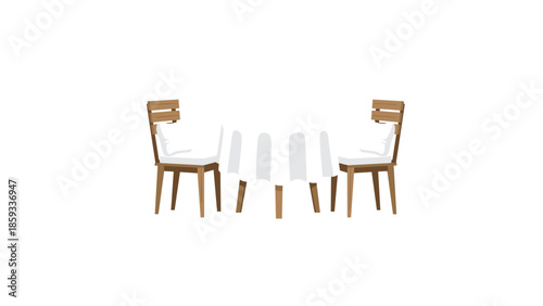 Minimalist outdoor dining furniture featuring a small round table with a pristine white tablecloth, accompanied by two wooden chairs with comfortable white cushions, ready for a serene setting.
