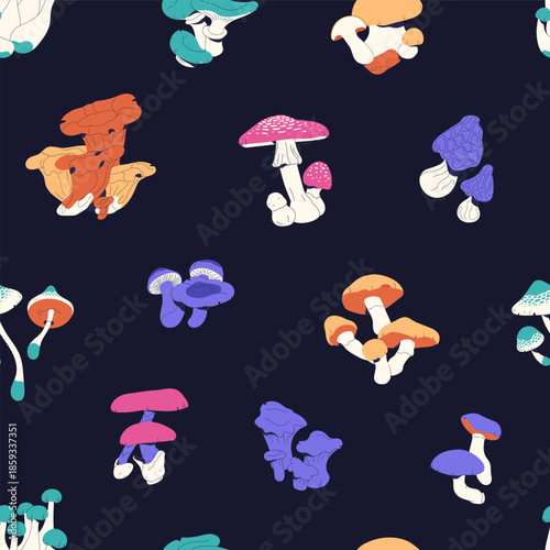 Repeatable pattern of different colourful hallucinogenic mushrooms. Endless background of inedible boletus, psychedelic fungus, toxic boletes, poisonous fungi. Flat seamless vector illustration