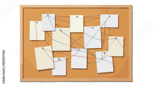 Detailed cork board covered with pinned blank papers connected by red and blue strings, illustrating a complex web of ideas, investigation, or project planning and problem-solving.