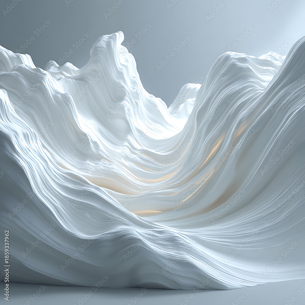 Obraz premium Flowing white sculptural waves resembling abstract frozen landscape in soft studio light for minimal 3D background, architecture visualization and luxury product mockups