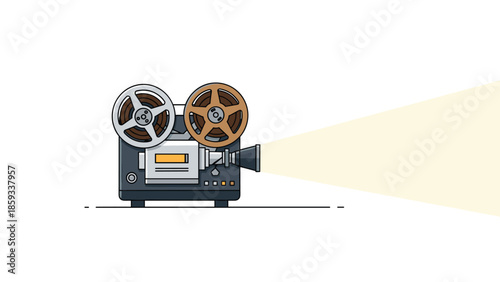 Retro-styled film projector with large reels casting a warm light beam, evoking nostalgia for classic cinema, vintage filmmaking, and the enchanting art of movie projection.