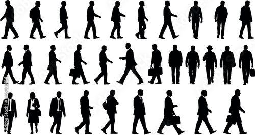 Large Collection of Professional Business People Silhouettes Walking and Commuting with Briefcases in Black Vector Style for Urban Corporate Design.