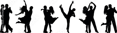 Elegant silhouettes of ballroom dance couples performing passionate tango salsa and contemporary movements isolated on white background for professional vector design