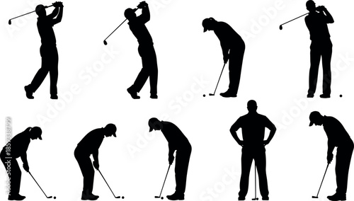 Set of Professional Golfer Silhouettes Featuring Male and Female Players in Various Action Poses Including Swing Follow Through and Putting