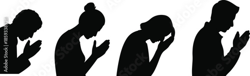 Silhouettes of diverse people praying and meditating with folded hands representing spirituality faith hope mental health peace and religious devotion isolated