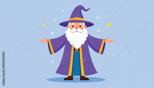 Cartoon Wizard with White Beard and Purple Robe Casting Magic.