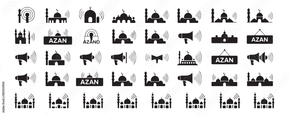 Naklejka premium Collection of mosque icons with loudspeaker for azan prayer call transmission vector set