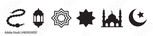 Islamic cultural symbols collection mosque prayer beads lantern crescent moon star and geometric ornaments