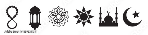 Islamic cultural symbols collection including mosque prayer beads lantern crescent moon star and geometric ornaments