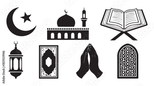 Islamic symbols set mosque crescent moon star lantern prayer mat prayer book hands and window