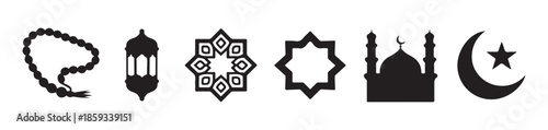 Islamic cultural symbols collection mosque prayer beads lantern crescent moon star and geometric ornaments
