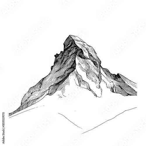 Detailed monochrome line drawing of a jagged mountain peak with snow and rocky textures visible clearly