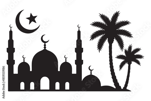 Muslim worship building silhouette featuring multiple domes two tall minarets and large crescent star beside tropical palm trees