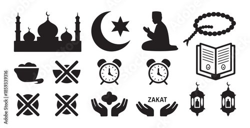 islamic symbols ramadan with mosque moon star prayer beads book alarm clock zakat hands lanterns