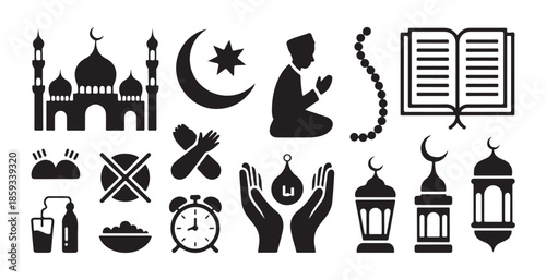 Set of black ramadan icons featuring mosque praying man holy quran fasting rules clock and traditional islamic lanterns elements