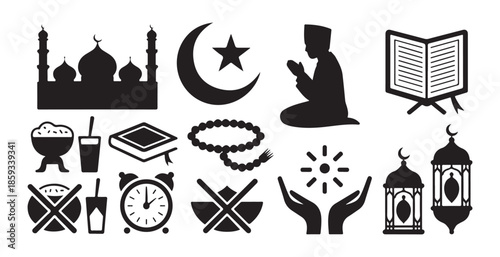 Monochrome vector icons of islamic ramadan celebration showing mosque prayer fasting prohibited actions food drinks and spiritual light