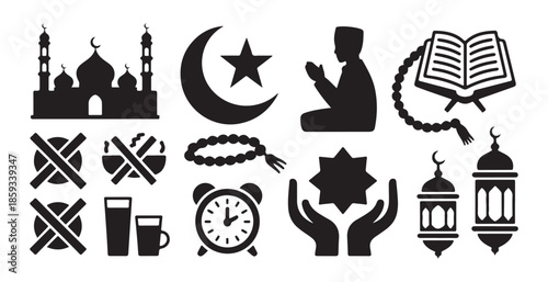 Outline ramadan vector icon set featuring mosque prayer moon star fasting rules alarm clock holy book and traditional islamic lighting