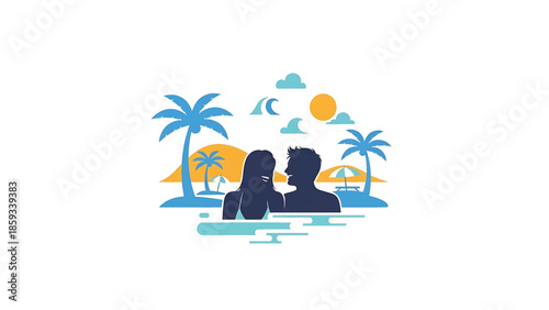 A couple on a beach with palm trees, sun, waves, and clouds silhouetted, enjoying a sunny day. They are in the water, embraced, and are in love