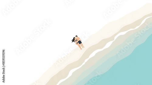 A couple relaxes on a sandy beach, rendered with minimalist illustration. Gentle waves flow into the sea in shades of blue. White space surrounds the scene