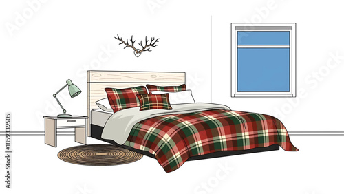 A cozy bedroom illustration with a tartan plaid bedding, antlers, and a window. A nightstand and a circular rug complete the decor