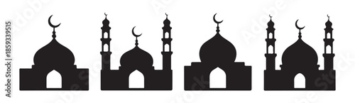 Simple set of four black silhouette mosque symbols with varying dome styles towering slender minarets and prominent crescent moons.