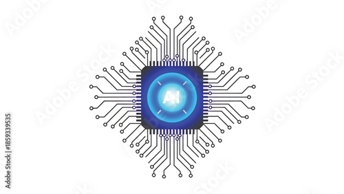 A computer chip illustration featuring an AI indication within a blue glow, surrounded by circuit board lines on a white background