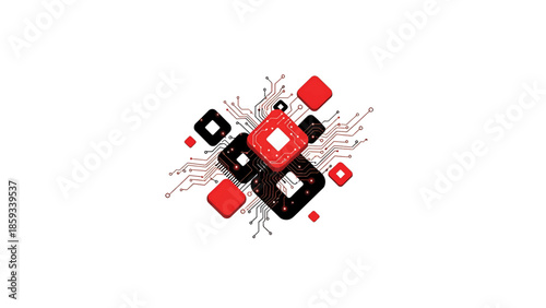 A computer circuit design featuring red and black stylized squares with electronic pathways on a white background. It's a techy design