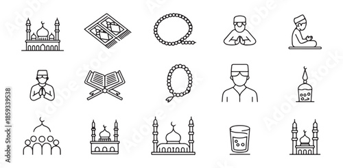 Set of fifteen thin line art icons representing islamic culture prayer and religious elements for design