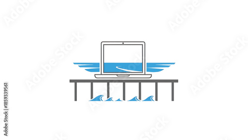 A computer screen with a river view flies across a bridge with wings. The bridge is over ocean waves. Simple, graphic illustration