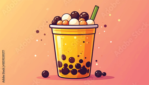Cartoon Boba Tea Illustration with Tapioca Pearls and Straw.