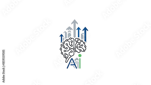 A conceptual design featuring a brain graphic integrated with circuit-like elements and upward-pointing arrows, symbolizing growth and intelligence