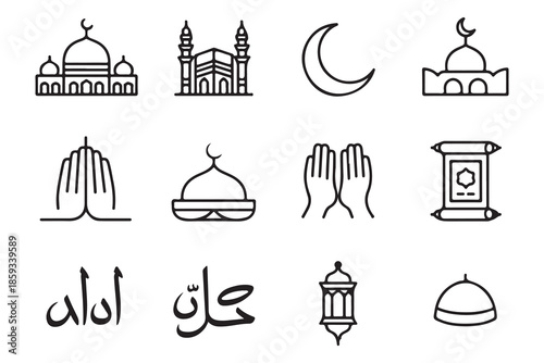 Collection of twelve clean line art symbols for islamic faith featuring mosque crescent moon prayer hands and script