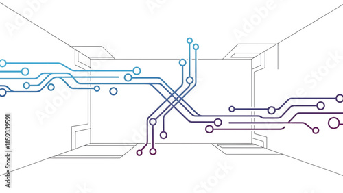 A conceptual digital circuit design, with interconnected lines and nodes in gradient hues of blue and purple, with a minimalist, architectural background