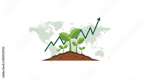 A conceptual illustration, depicting growing plants with an upward trending line superimposed over a world map. It symbolizes growth