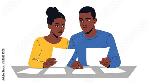 A concerned couple, colored in a simple style, sits at a table and studies papers. Each person holds one. Other papers lie on the table