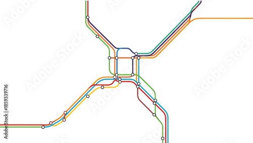 A colorful schematic diagram depicts a transportation network, composed of lines in various hues, with circles indicating stations
