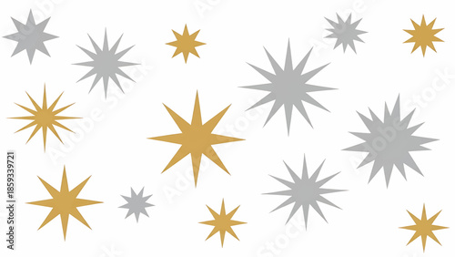 A constellation of stylized stars in varying sizes and metallic hues of gold and silver against a white background. Each has jagged points radiating outwards