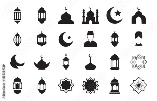 Set of islamic icons, collection of arabic symbols, religion and culture elements for ramadan and eid al-fitr