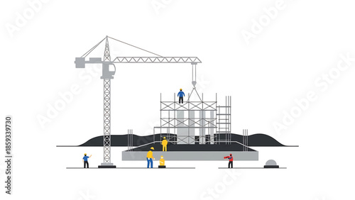 A construction scene shows workers and a crane building a structure. The illustration features a crane, scaffolding, workers, and a flat design