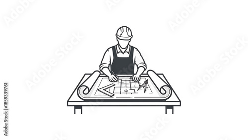 A construction professional, wearing a hard hat and overalls, works on a blueprint at a drafting table with rolled plans and tools