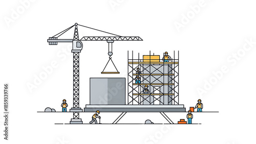 A construction site with workers, a crane, scaffolding, and building materials. The scene is presented in a flat, minimalist style